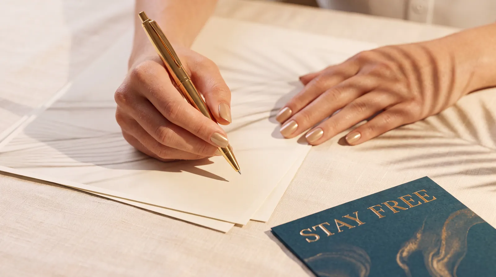 Manicured hands with a gold pen over documents and a boarding-pass card, dappled in palm-frond light